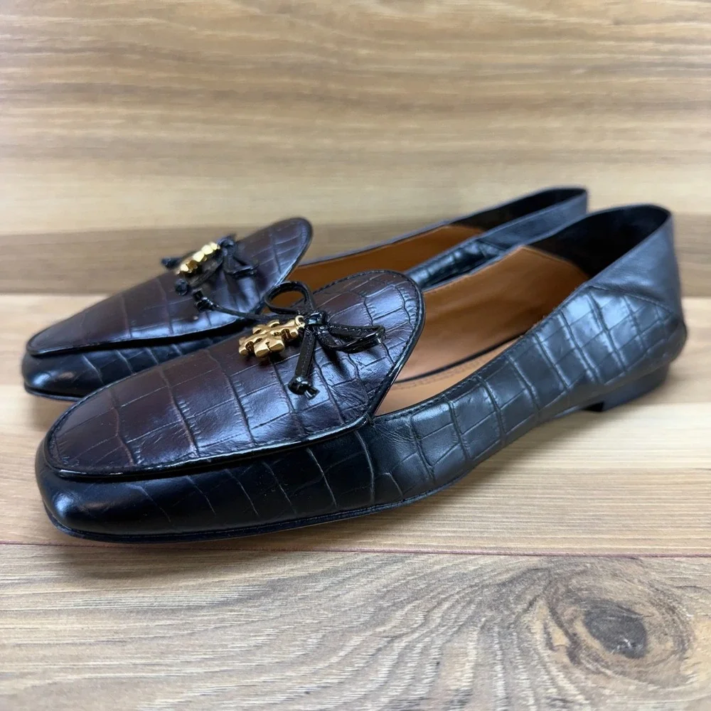 Tory Burch Charm Loafer 6 M Cocoa Croc Black Leather Bow Slip On Convertible
